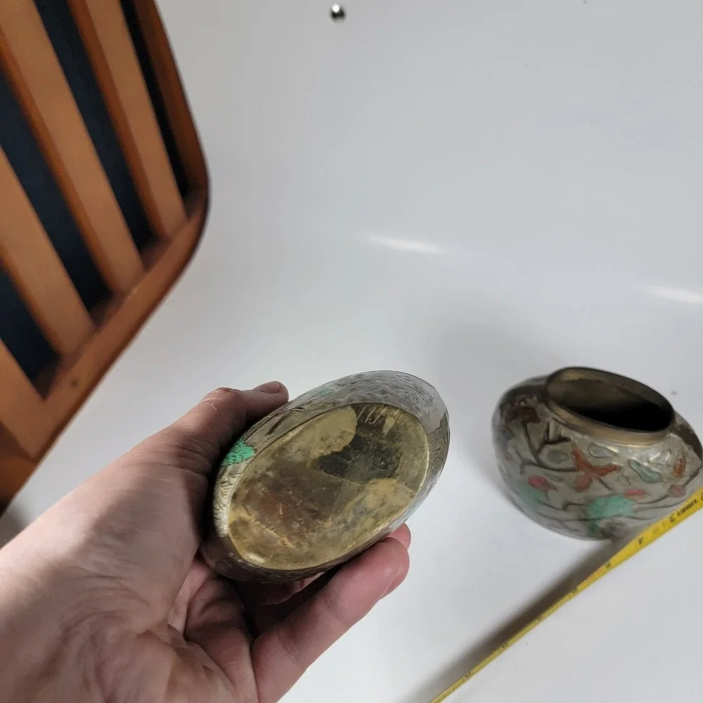 Vintage Brass and Enamel Cloisonné Floral Bud Flat Vase 4.25